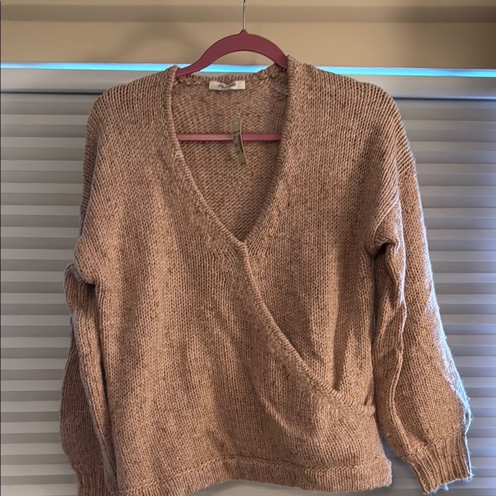 Madewell Tan V-Neck Sweater with Wrap Design